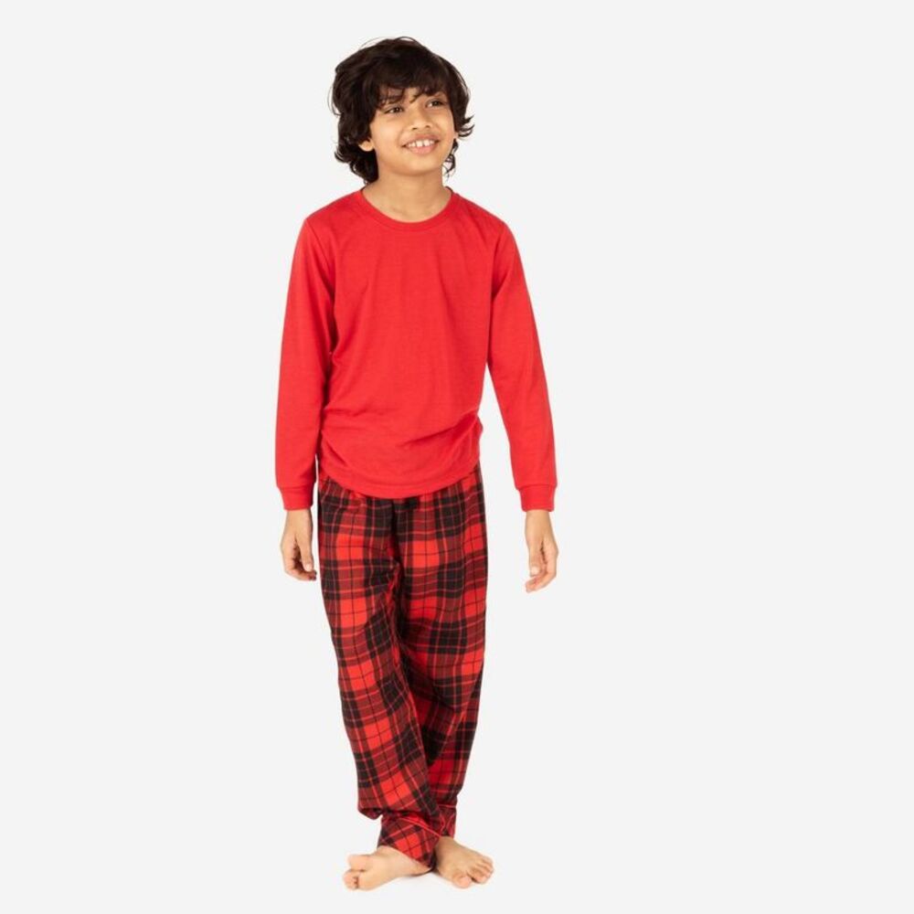 Leveret Kids Pajamas Poly Top and Flannel Pants Plaid Black and Red 12